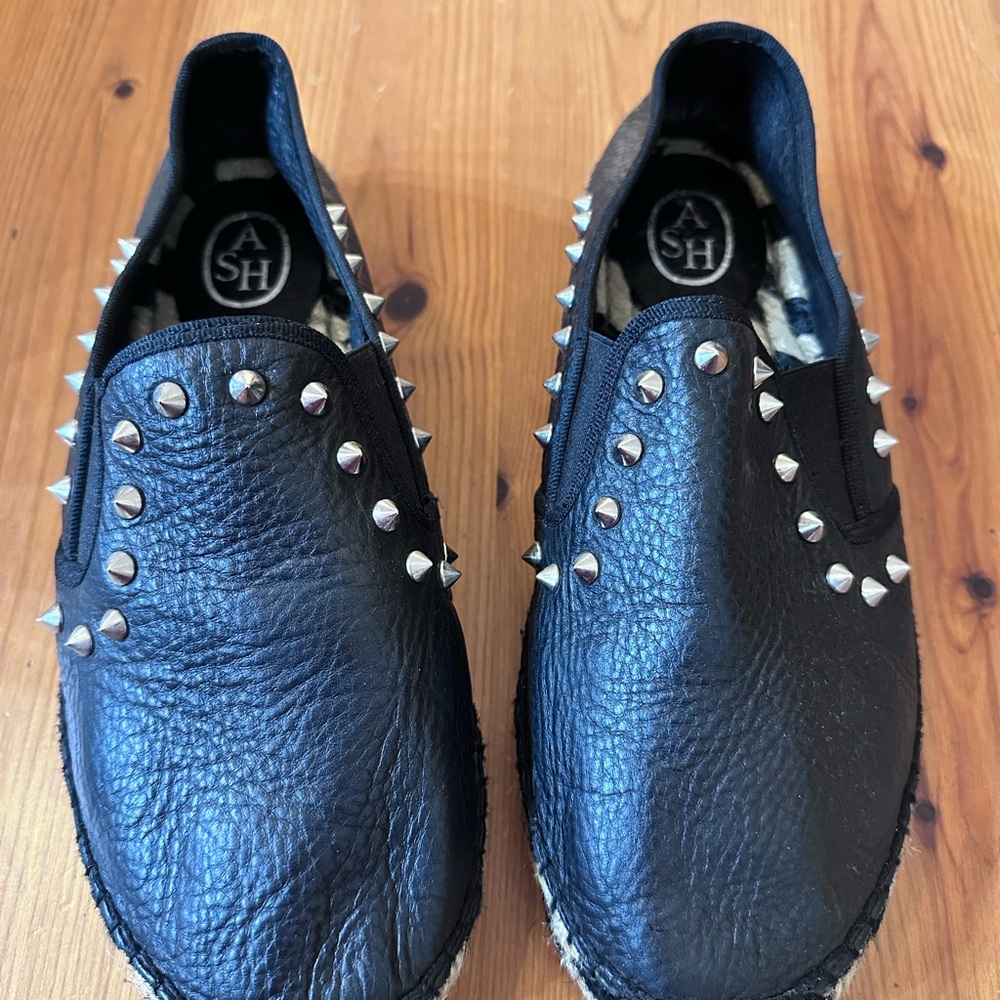 Ash Punk Leather Studded Espradille Slip On Shoes Burlap Trim New Size 8 (39)